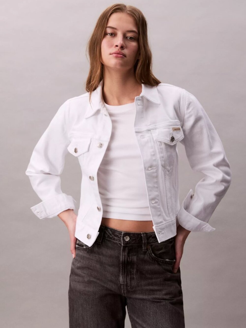 Calvin Klein Classic Denim Trucker Jacket Optic White Sz L Retail Price $109.00 - Picture 2 of 15